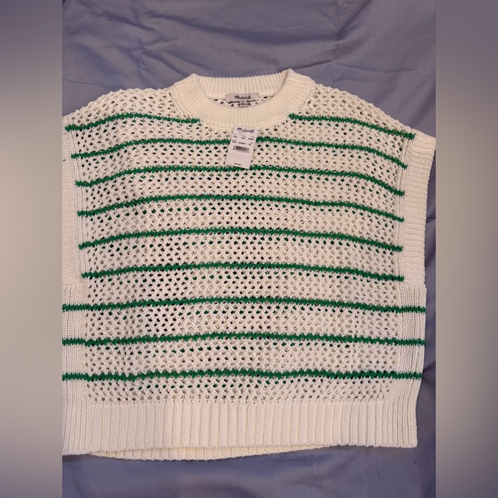 Women's White and Green Striped Sweater